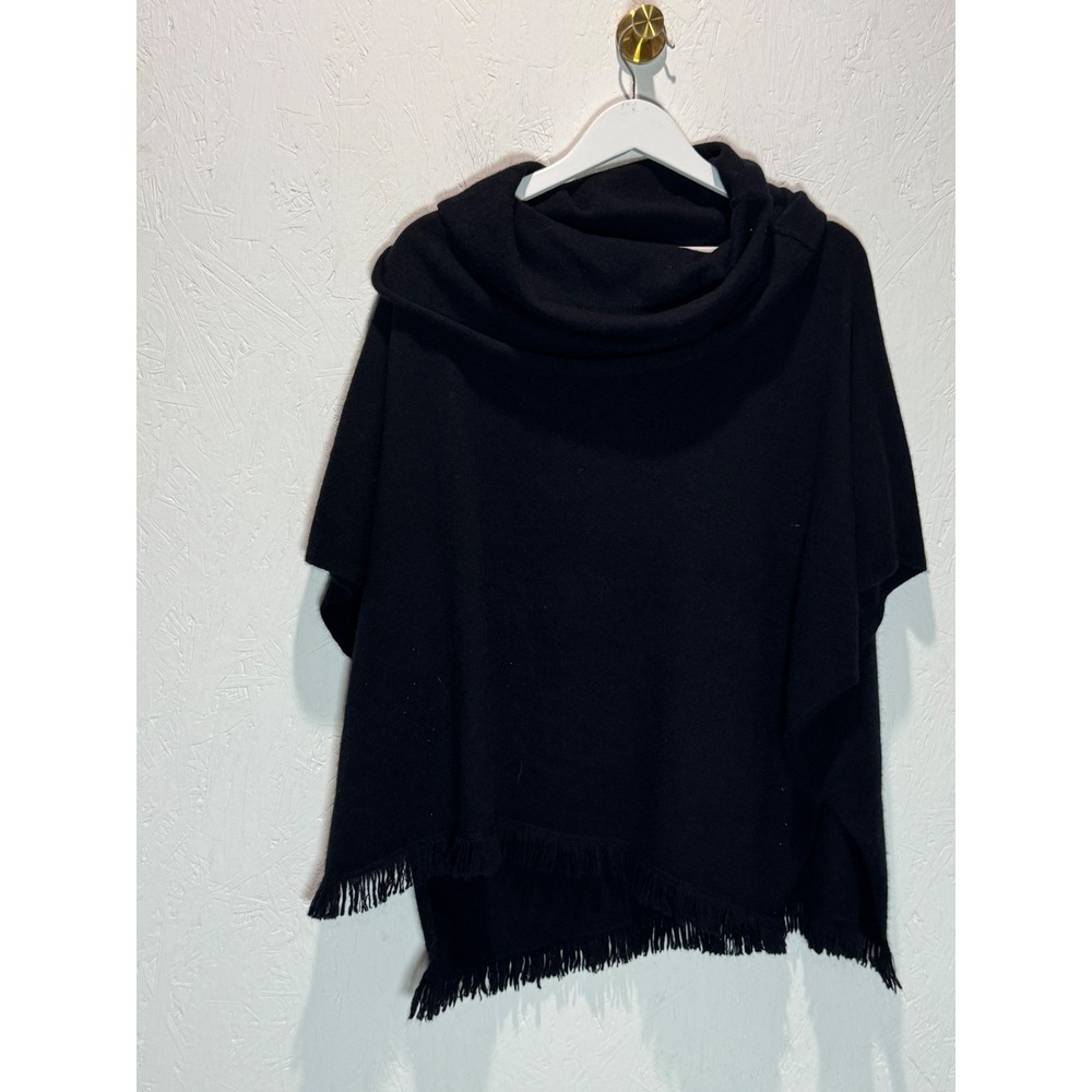 Neiman Marcus Cashmere Poncho Black Cowl Neck Fringe Trim Wrap SM